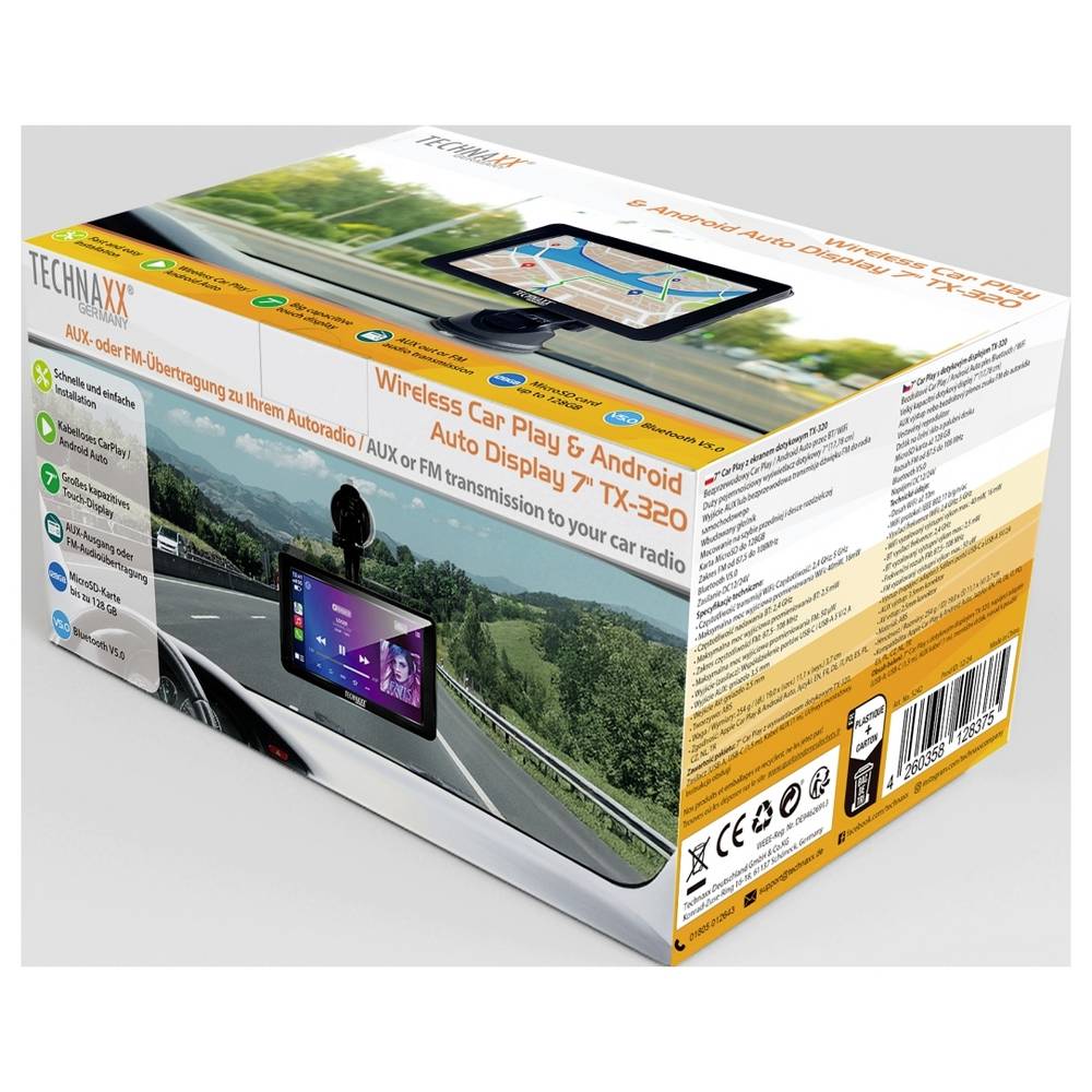 Technaxx TX-320 Kabelloses CarPlay- und Android Auto-Display – Schwarz – 7-Zoll-Touchscreen – Bluetooth 5.0 – WLAN – 19 x 11,1 x 3,7 cm
