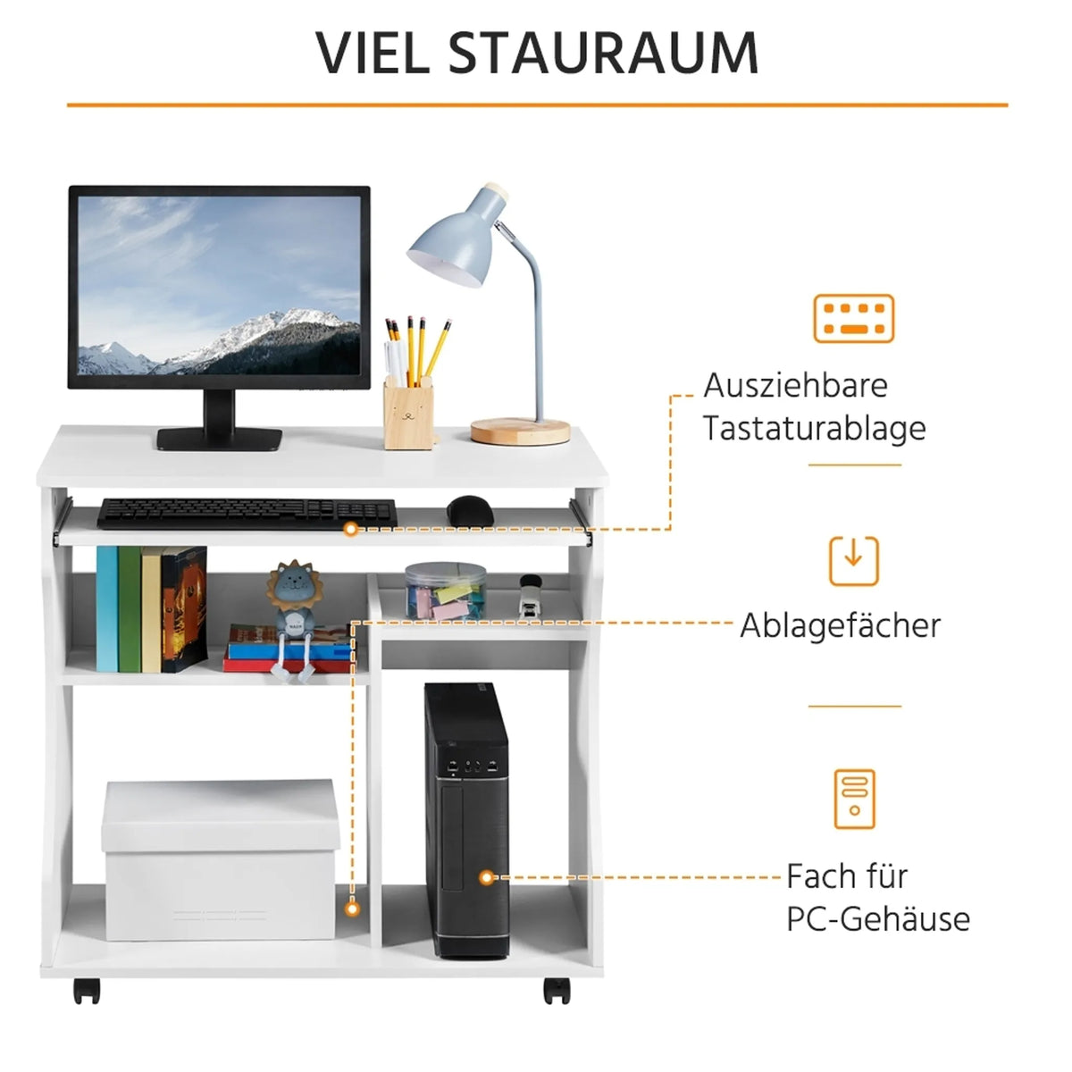Yaheetech Computertisch auf Rädern - Mit ausziehbarer Tastaturschublade und zwei Ablagefächern und Bremsfunktion - Für Heimbüro und Schlafzimmer - Weißes Mdf und Metall - 80 x 48 x 76 cm