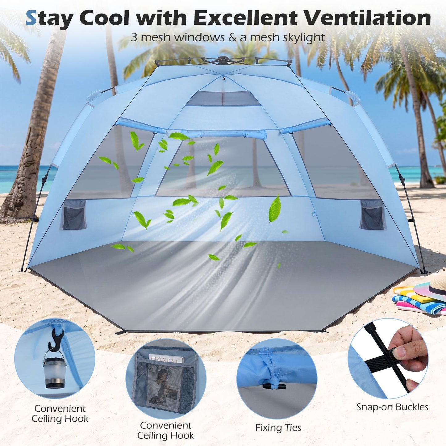 Coast Pop-up-Strandzelt für 3–4 Personen – Grau/Blau – 278 x 140 x 142 cm – inkl. Tragetasche, Heringe und Sandsäcke