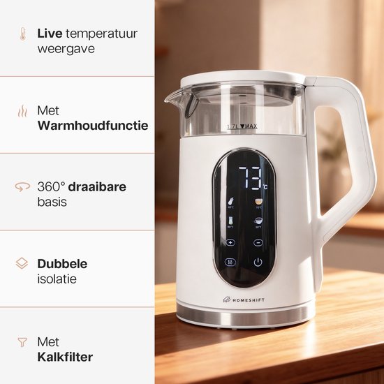 HomeShift® Wasserkocher mit Temperaturkontrolle - Warmhaltefunktion - Doppelwandig - Elektrisch - 1,7 Liter - 2200W - Weiß