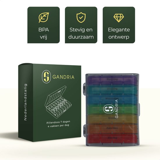Gandria Pillenbox 7 Tage - Herausnehmbare Pillenbox - Medizinbox mit 28 Fächern - Medizinbox mit stabilem Verschluss - 4 Fächer pro Tag - 7 Farben
