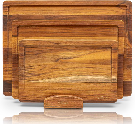 Villux Schneidebrett – Schneidebrett-Set mit Halterung – Schneidebrett aus Holz – Schneidebretter – Schneidebrett aus Teakholz – Holz-Schneidebrett – Schneidebrett-Set – Tapas-Brett - Snackbrett – Servierbrett – Häppchenbrett – Inklusive E-Book – 3 Stück