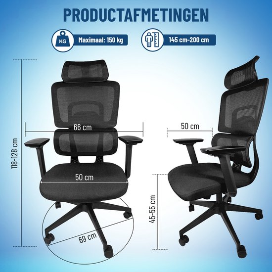 ArtGlobal® Ergonomischer Bürostuhl – verstellbar – Lendenwirbelstütze – um 125° neigbar