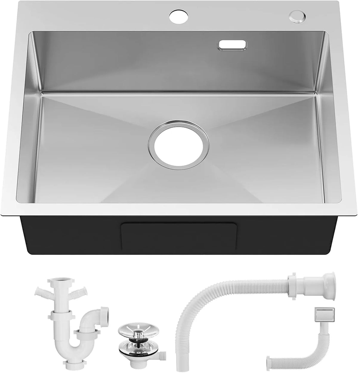 Sofetiy Spülbecken aus Edelstahl 60 x 48 cm – Einzelbecken mit Siphon – Geräuschdämpfend und extra dick (3 mm) – Gebürsteter Edelstahl