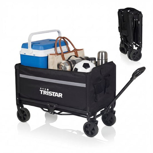 Tristar Klappbarer Handwagen – 120 l – 100 kg Tragkraft – Stahl – Lenkrollen – Zusammenklappbarer Handwagen mit Ladeklappe – inkl. wasserdichter Schutzhülle – kompakt – Festival – HC‑0917