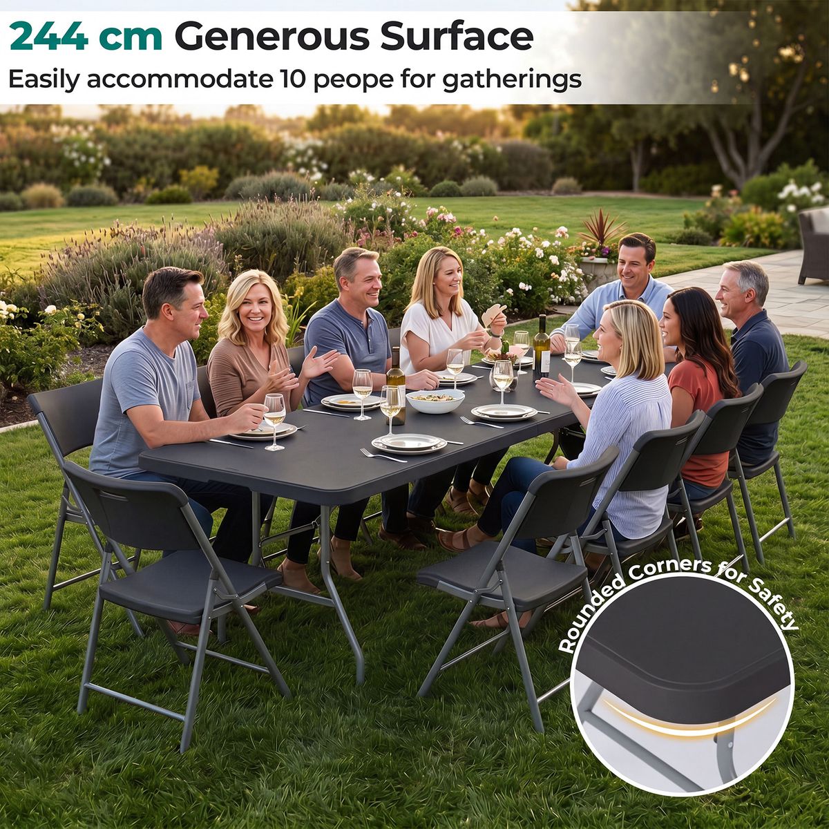 Coast Klapptisch für den Garten – für 10 Personen geeignet – Tragegriff – schwarz – 244 x 75 cm