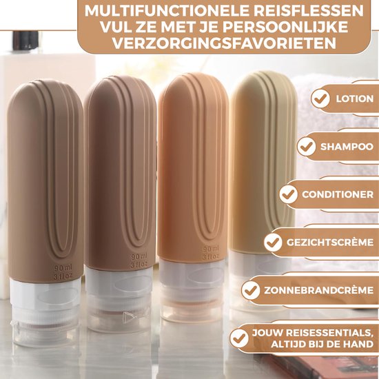 EverNeeds Reiseflaschen mit Etui - Nachfüllbar - Silikon-Reiseflaschen Handgepäck - Creme - 4 Stück