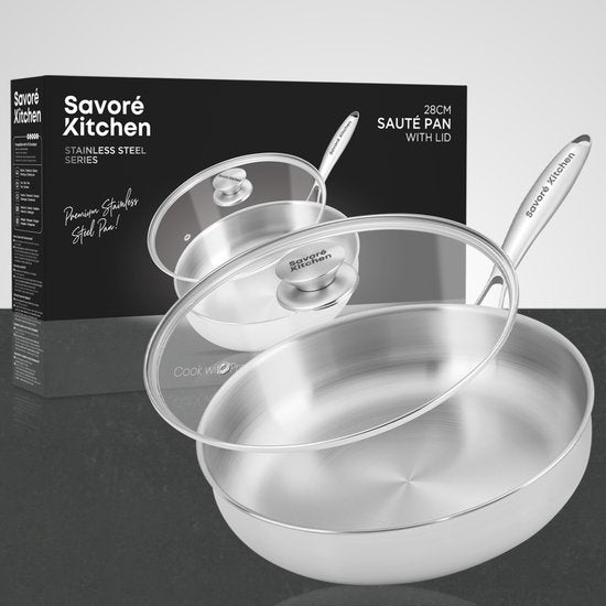 Savoré Kitchen Pfanne 28 cm mit Deckel – induktionsgeeignet – Sauteerpfanne aus Edelstahl – PFAS-frei
