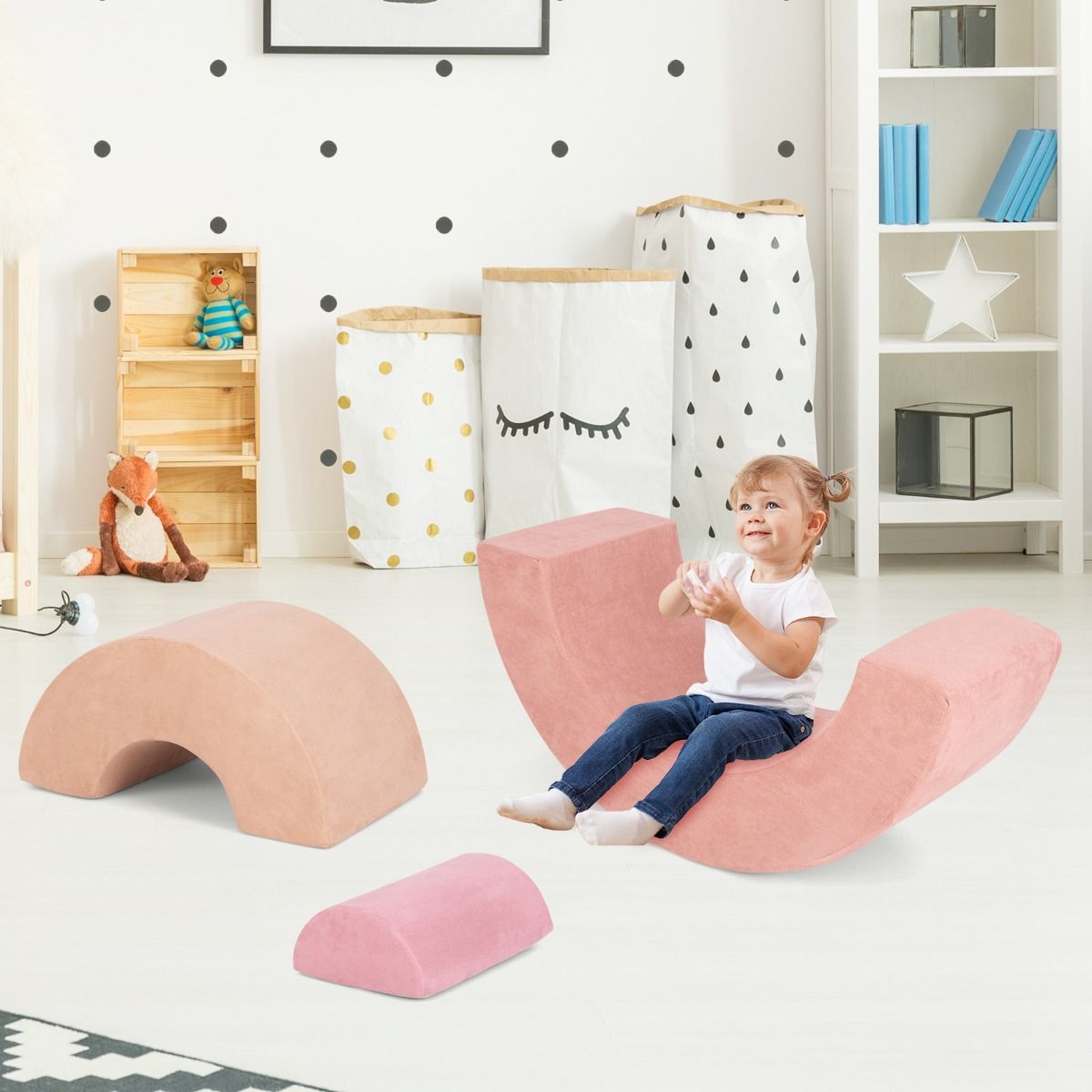 Coast 3-teiliges Kletter-Set aus Schaumstoffblöcken für Kleinkinder – abnehmbarer Bezug – Bogen und Krabbeltunnel – rosa