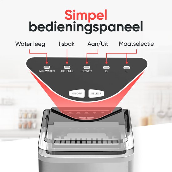 Kitchenwell Eiswürfelbereiter - 2L - 12kg/24 Stunden - Selbstreinigungsfunktion - Silber