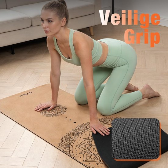 DH FitLife Yogamatte aus Kork – Mandala Harmony – 183 x 61 cm – 6 mm – Mit Tragegurt