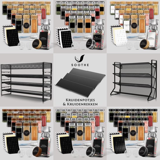 Soothe 36 Glasgewürzdosen quadratisch mit Edelstahldeckel - 2 Arten von Streudeckeln - Gewürzstreuer - Gewürzdosen - Komplettset inkl. Gewürzsticker, Kreidestift und Zubehör - 120ml