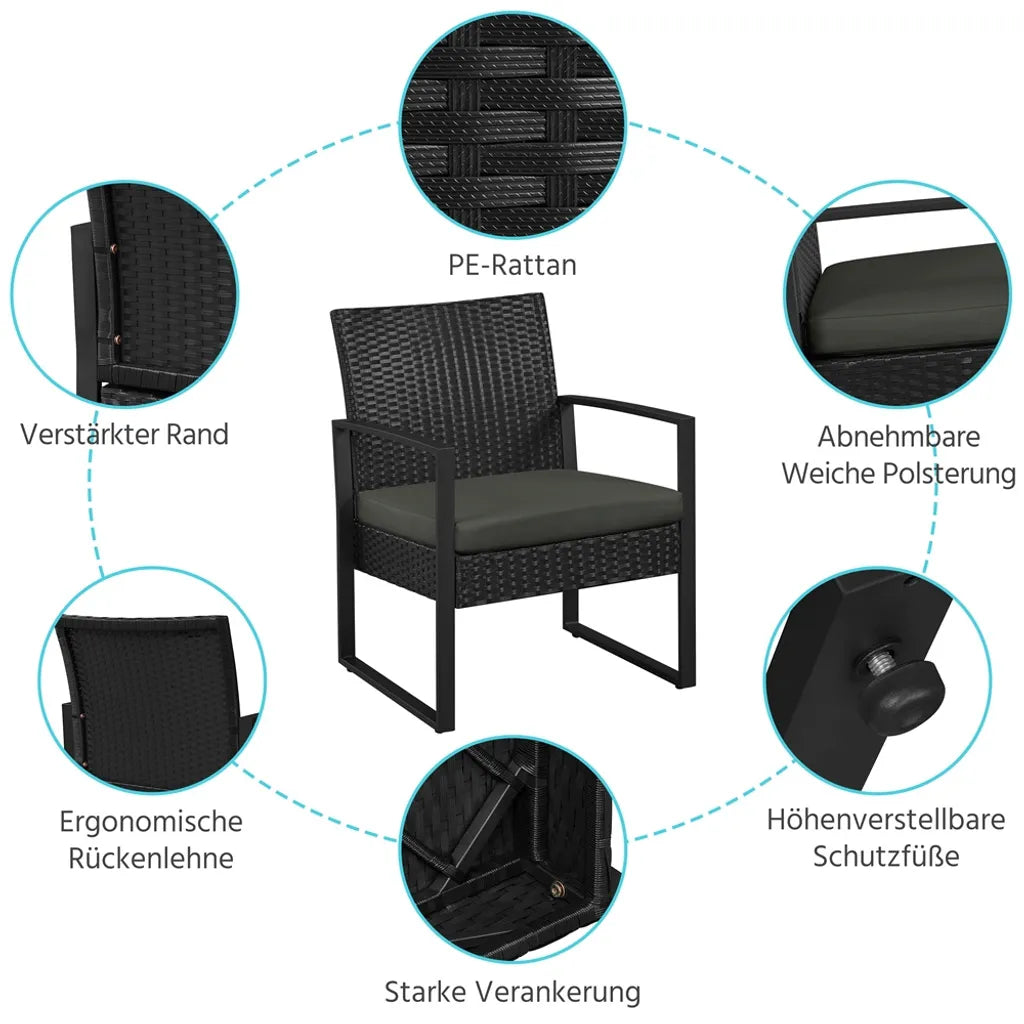 Yaheetech Gartenmöbel-Set, 3-teilig – Schwarz/Grau – Balkon-Set aus Polyrattan mit Beistelltisch