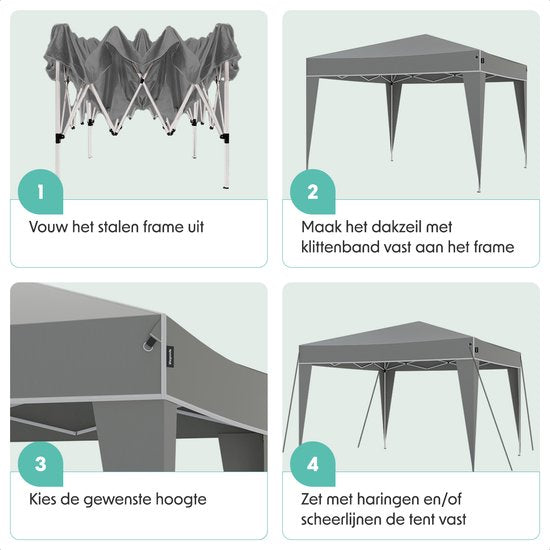 LifeGoods Party Tent Plus - Faltzelt - 3x3 m - Einfacher Aufbau - Verstärkter Rahmen - Wasserdicht - Tragetasche - Grau