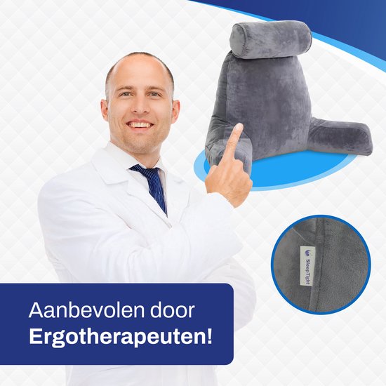 Sleeptight Lesekissen, ergonomisches Rückenkissen – mit abnehmbarem Nackenrollenkissen, praktischem Staufach und formstabiler Schaumstofffüllung – für Bett und Sofa – grauer Stoff – 53 cm lang, 60 cm breit und 40 cm hoch