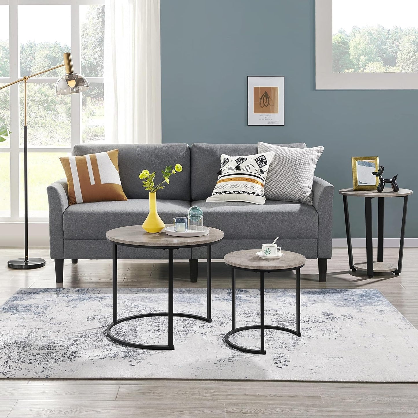 Yaheetech Couchtisch-Set, bestehend aus 2 runden Beistelltischen mit Metallgestell – Eiche-Farbton