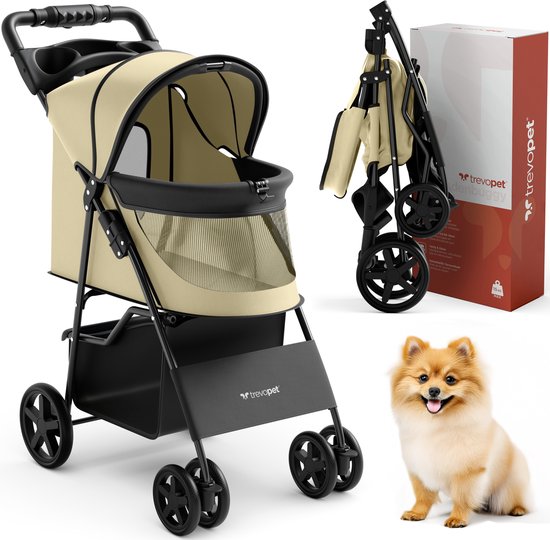 TrevoPet® Zusammenklappbarer Hundekinderwagen - Für kleine und mittelgroße Hunde bis 15 kg - Kinderwagen mit Becherhalterung und großem Aufbewahrungskorb - Beige