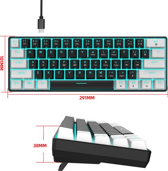 HXSJ V900 - Wired Gaming Keyboard - Mechanisch - RGB - Blauer Schalter - 61 Tasten - QWERTY-Tastaturen - Schwarz weiß