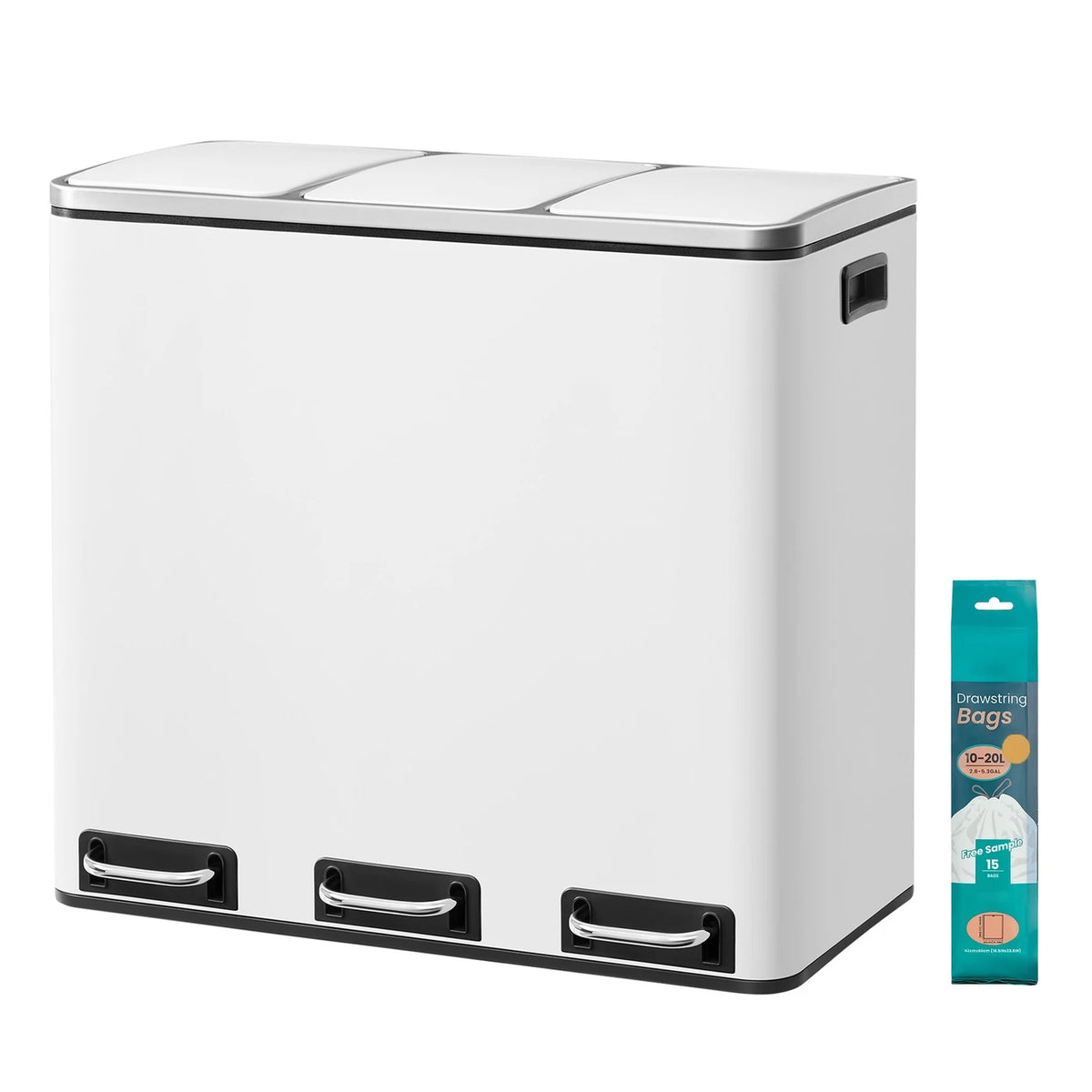 Joyfurnos Küchenabfalleimer 3x18 l – Mülltrennung mit Pedal – Soft-Close-Deckel – 61 x 31,5 x 55,5 cm – Weiß