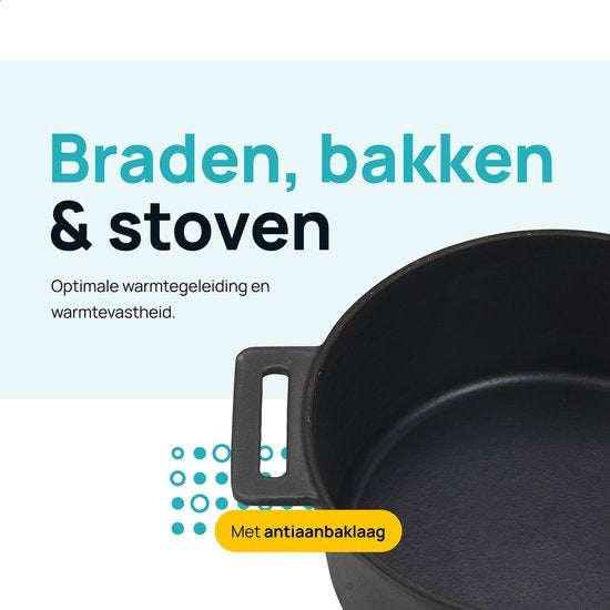 MOA Gusseisen-Kasserolle - Fassungsvermögen 4,75 Liter - 26CM - Rund - Alle Wärmequellen - Auch für Induktion - Gewicht 5,8 kg - Schwarz - MOAMC26B