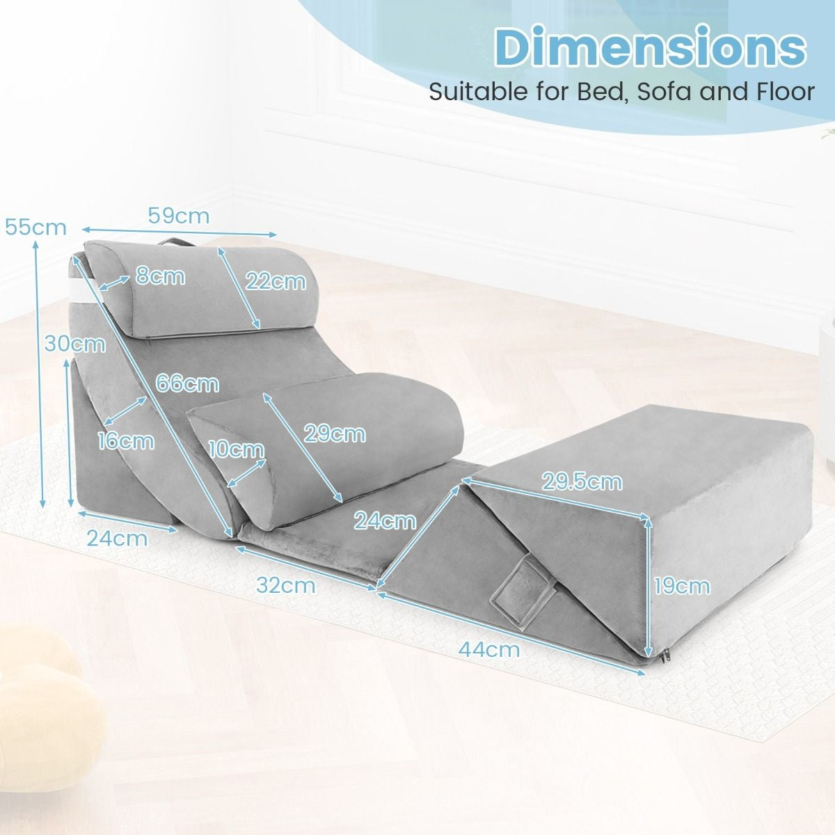 Coast 7er-Set Memory Foam Lesekissen / Orthopädische Kissen / Waschbarer Bezug / Ergonomisch / Grau
