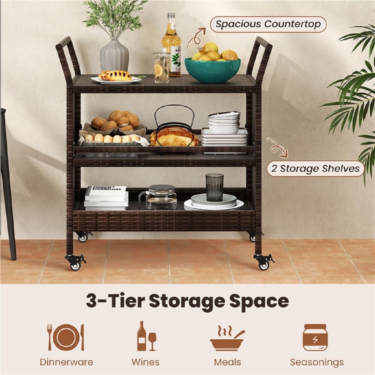 Coast Gartenbarwagen – 3 Ablagen – Rattan mit feststellbaren Rädern – Braun – 86 x 50 x 89 cm