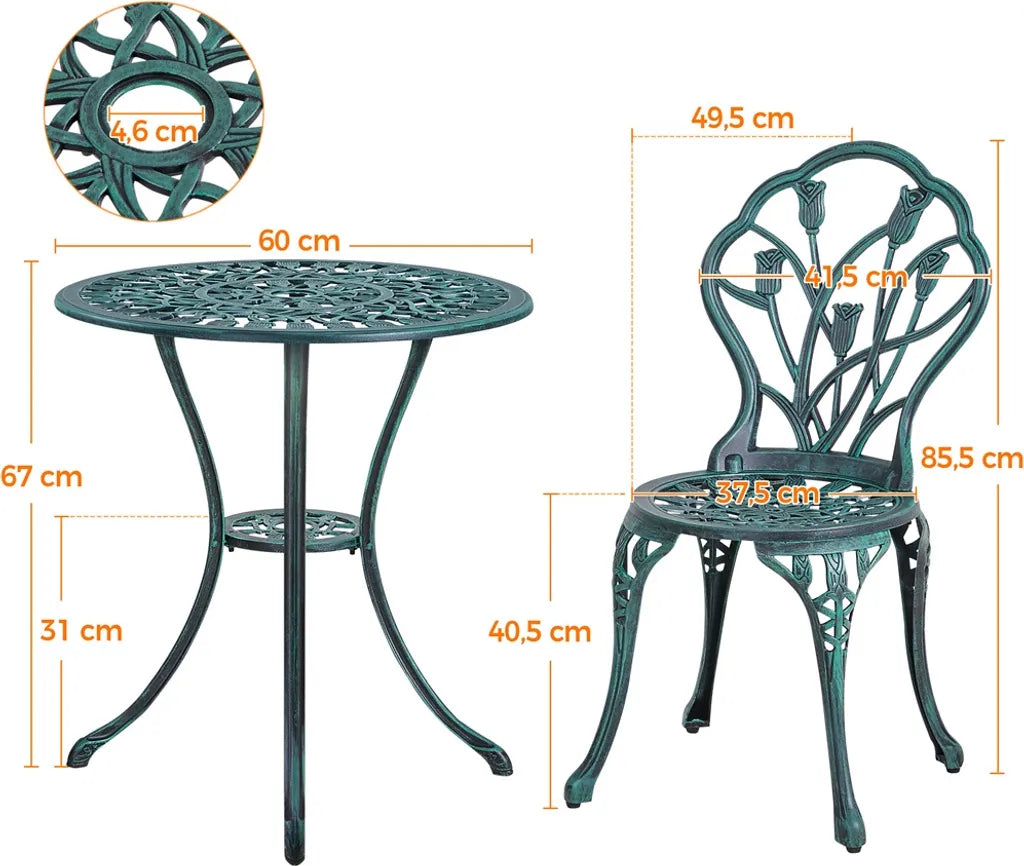Yaheetech 3-teiliges Bistro-Gartenset – Grün – Aluminium-Gartenset mit 2 Stühlen und einem Tisch mit Sonnenschirmloch