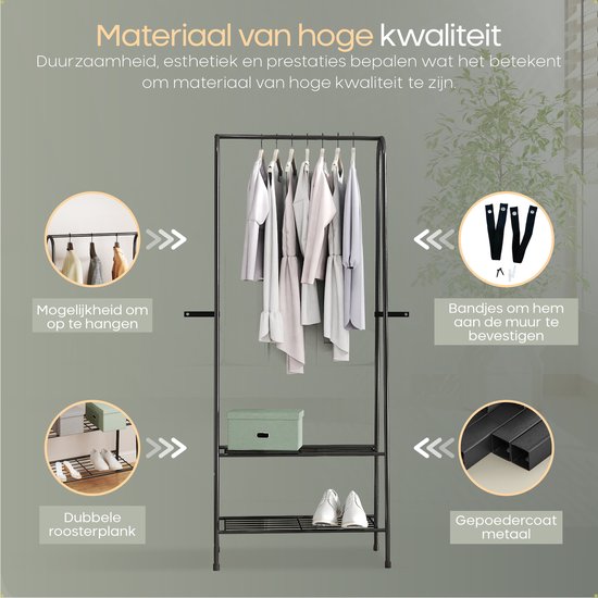 O'DADDY® Kleiderständer stehend - Aufbewahrungsregal 2 Lagen - Schuhregal - Garderobenständer mit Kleiderstange - Kleiderständer - 60 x 36 x 152 cm - Schwarzes Metall