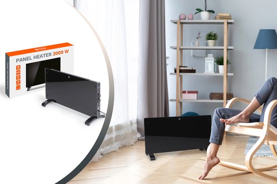 Dutch Originals - Konvektor - 2000 W - Schwarz - Einstellbarer Timer - 2 Heizstufen - Gehärtetes Glas - 42,5 x 24 x 77 cm