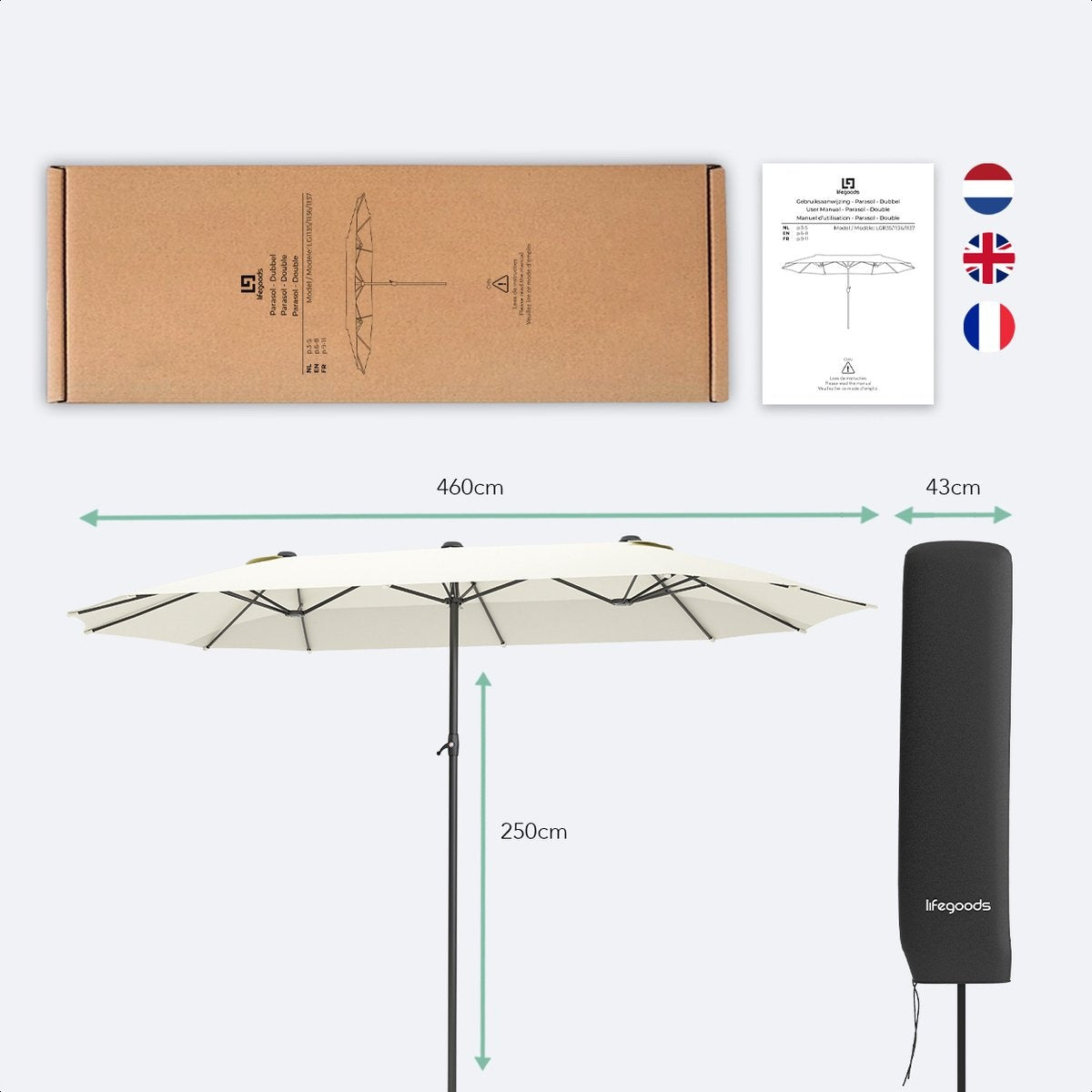 LifeGoods Doppelter Sonnenschirm - 270x460cm - bis zu 15 Personen - Wasserdicht - mit Bezug - Creme