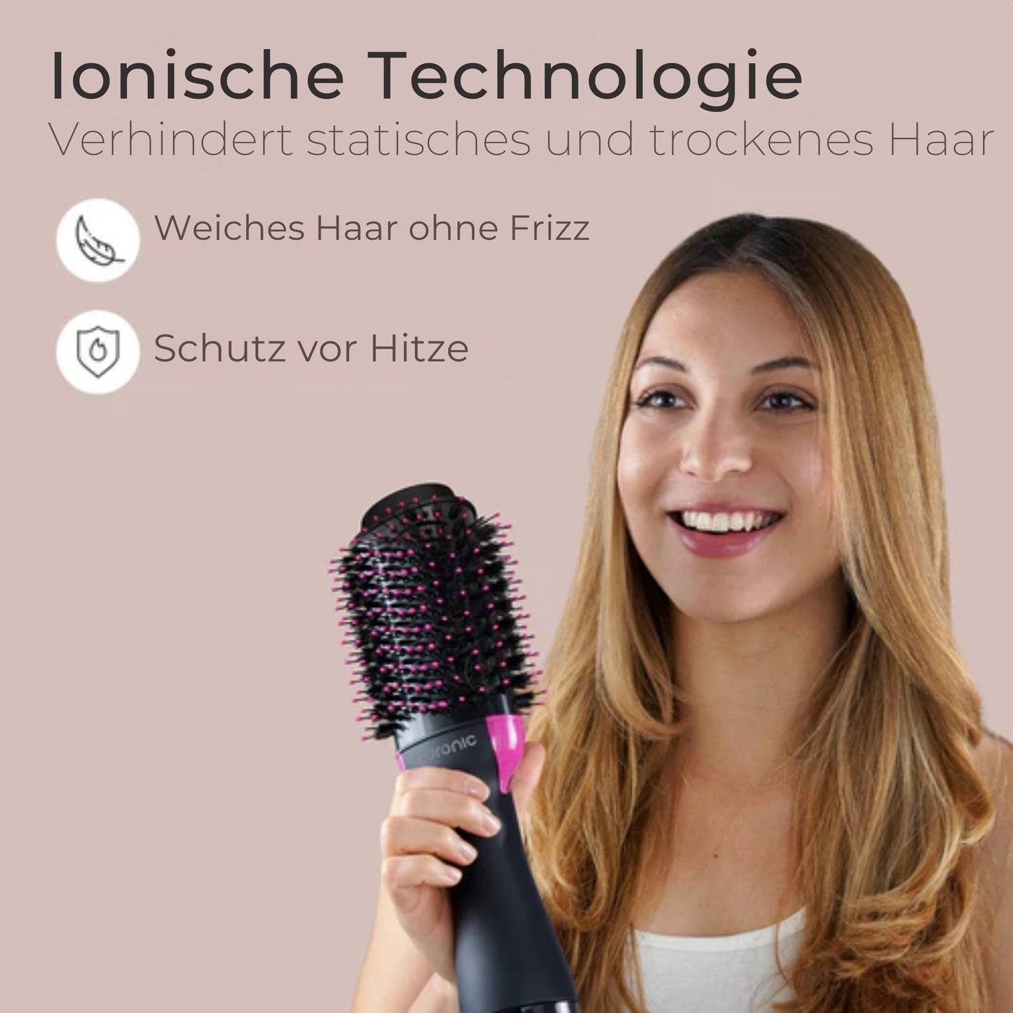 Auronic 3-in-1 Haartrocknerbürste - Rund - Lang/Kurz/Style/Locken - Schwarz/Pink