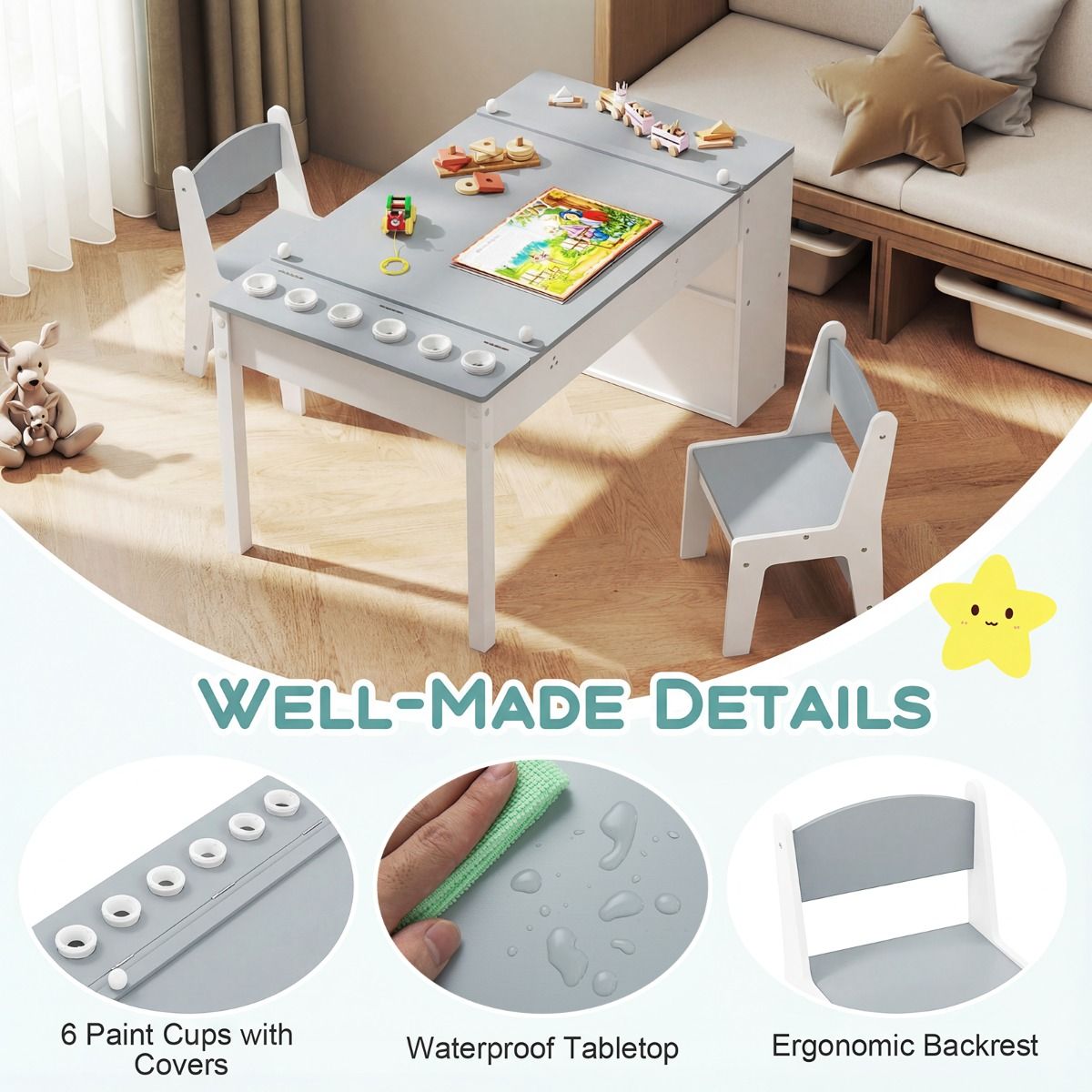 Coast Kinder-Tisch- und Stuhlset – 2-in-1-Zeichentisch mit Stauraum und Papierrolle – grau