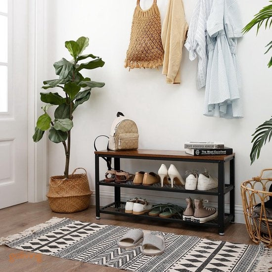 Goliving Schuhablage - Schuhbank - Flurbank - Industrial - 30 x 80 x 45 cm - Metall - Braunes Holz