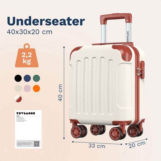 TRVLMORE Handgepäckkoffer – 40 x 30 x 20 cm – Unter-dem-Sitz-Koffer – 24 l – Zahlenschloss – 4 Rollen – Weiß/Beige