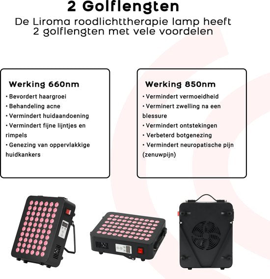 LIROMA® Rotlichttherapie - 2 Wellenlängen - Timer - LED-Infrarotlampe - Infrarottherapie - Rotlichttherapie - Kollagenlampe - Fibromyalgie - Lichttherapie