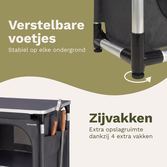 TRVLMORE Campingschrank XL - Campingküche - 90KG Tragkraft - Aluminiumrahmen - faltbar - Inkl. Tragetasche - 50x60x97CM - Grau