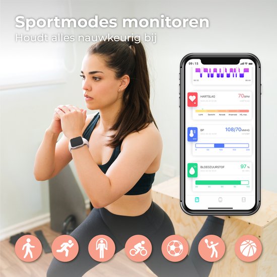 Nuvance - Smartwatch Männer & Frauen mit Bluetooth - 45mm - Geeignet für alle Smartphones - Schrittzähler und Herzfrequenzmesser - Wasserdicht - Hellrosa