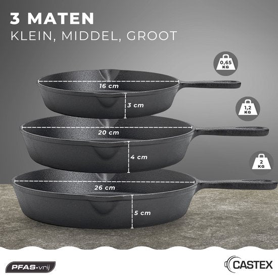 Castex Cast Iron Pan Tri-Set - Gusseisenpfanne - Bratpfanne - Bratpfannenset - BBQ - Pfannen - Pfannenset - Induktion