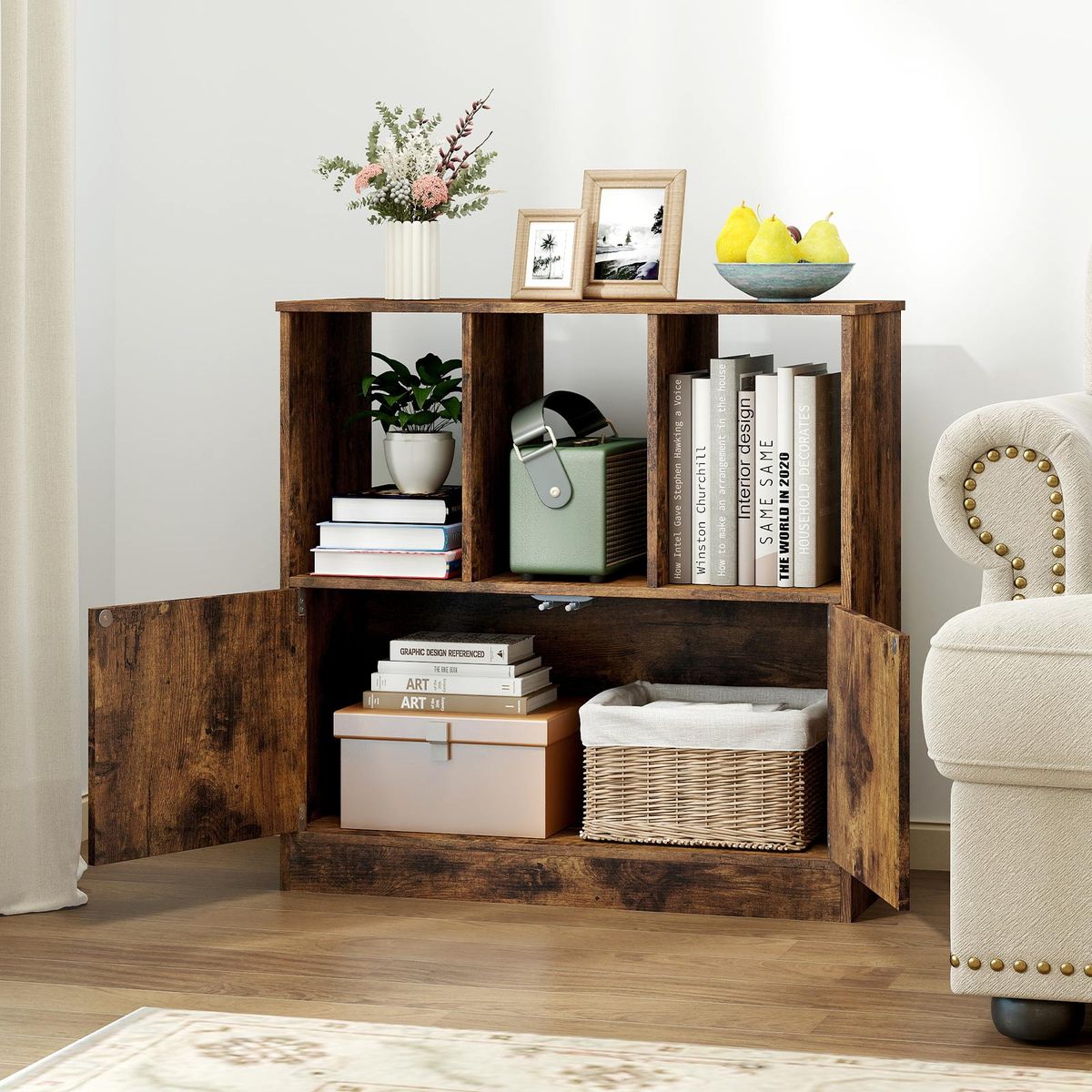 Coast Bücherregal mit 3 offenen Fächern und 2 Türen – modernes Design – braun – 70 x 30 x 70 cm