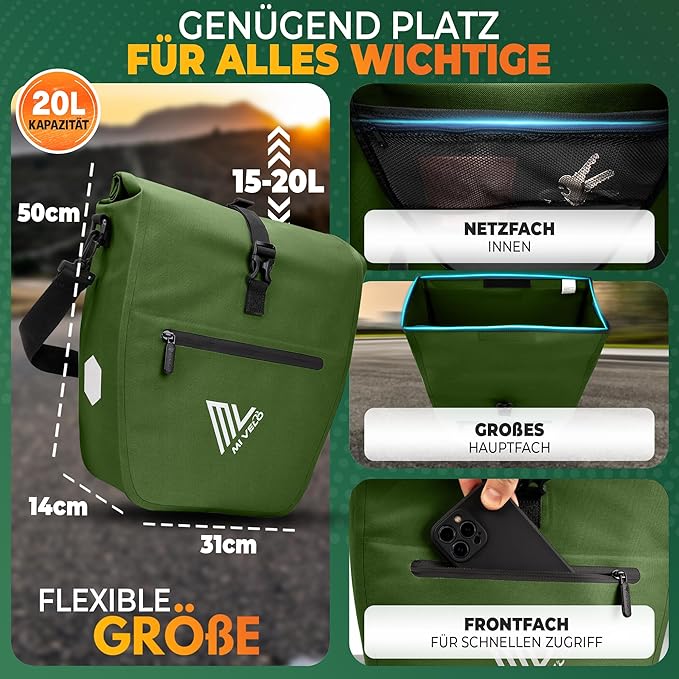MIVELO Fahrradtasche – 2in1 Gepäckträgertasche & Schultertasche – 20 Liter – Olivgrün