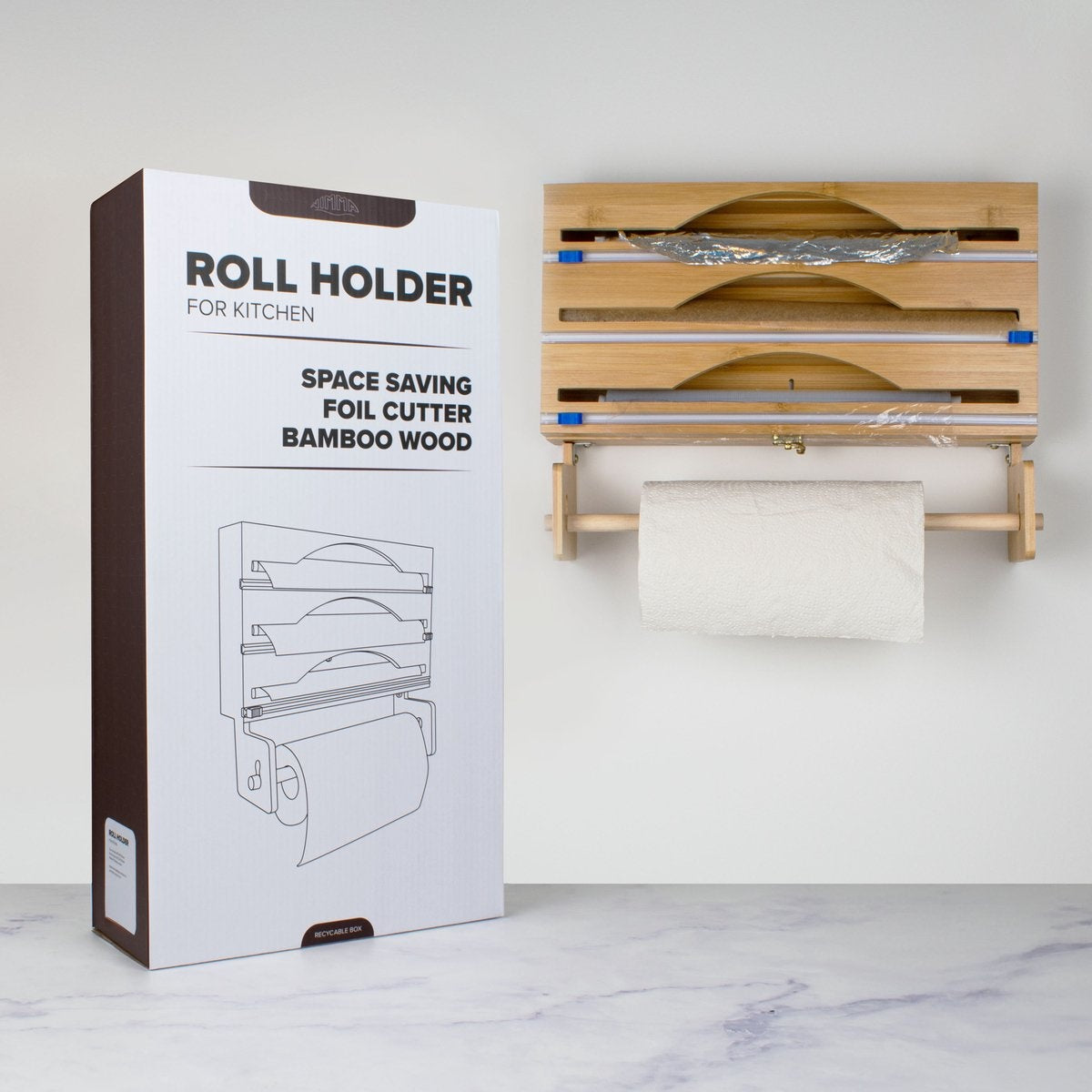Nimma Rollenhalter - Küchenrollenhalter und Folienhalter in 1 - Inkl. Aufhängesystem und Folienschneider - Geeignet für 3 Folienrollen - Bambus