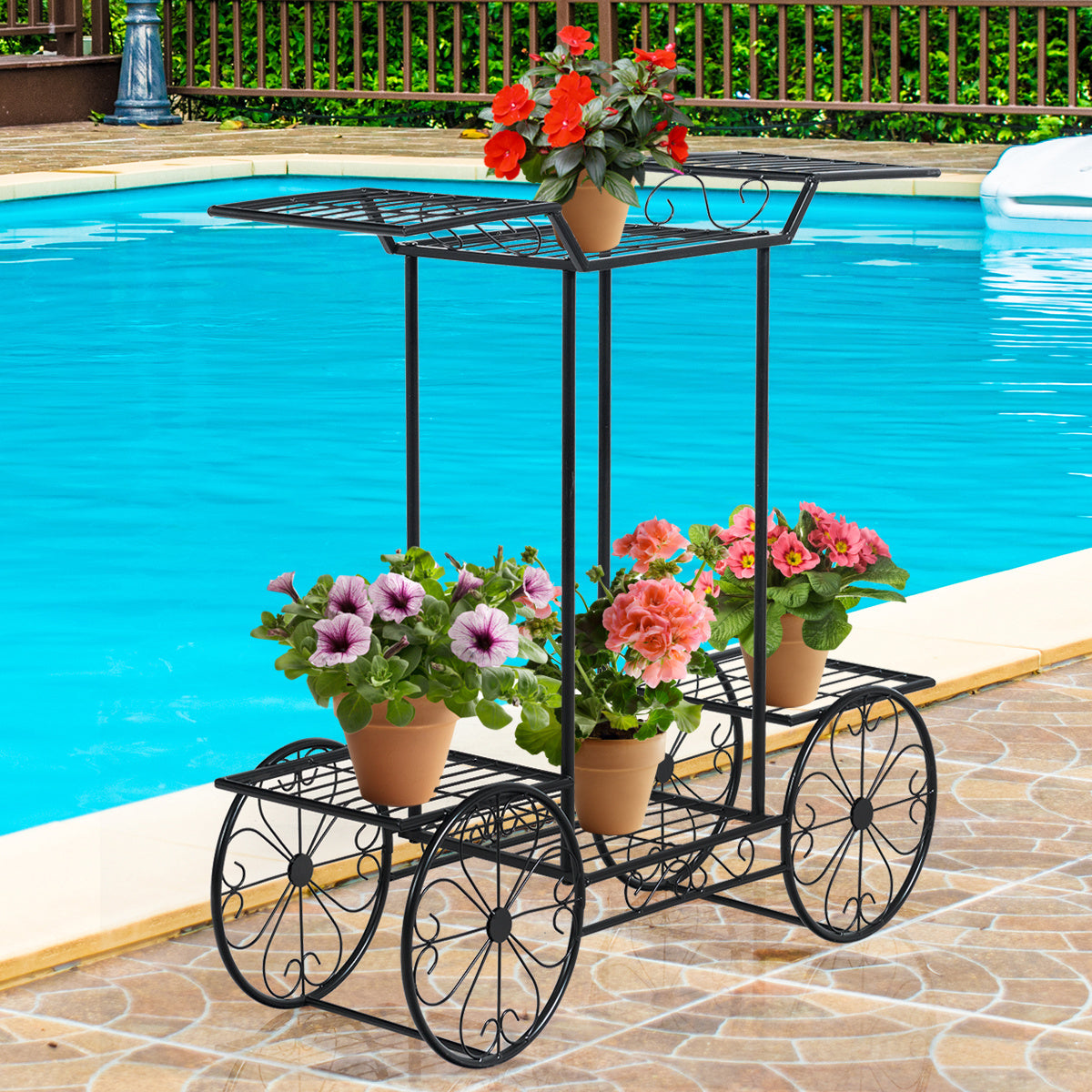 Decoratieve bloemenstandaard Plant-stands met 6 planken met vrijstaande bloemauto's voor binnen- en buiten metalen zwart 80,5 x 25 x 75