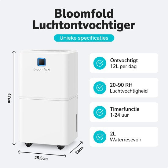 Bloomfold Luftentfeuchter - 12L pro Tag - inkl. Wasch-Trocken-Funktion - geeignet für Wohnzimmer, Schlafzimmer & Badezimmer - Luftentfeuchter - Weiß