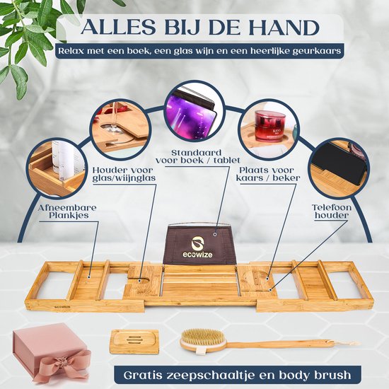 Ecowize - Luxuriöses Bambus-Badetablet - mit Buchhalterung - ausziehbar - 75cm bis 110cm - Bambus