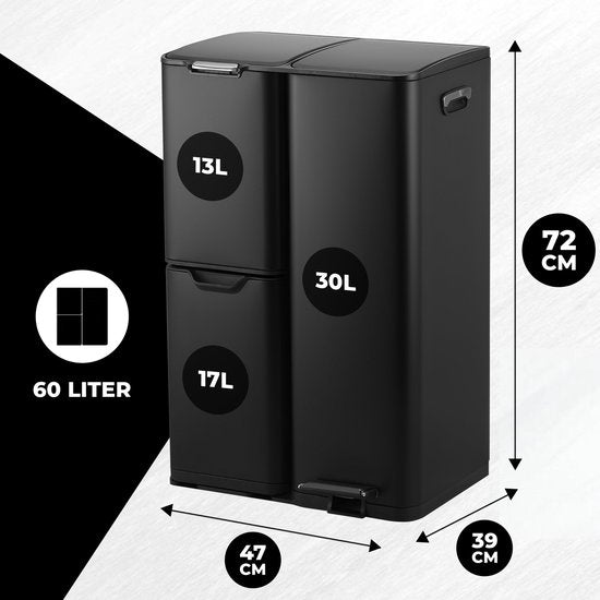 Bayt Mülleimer - Mülleimer 60 Liter - Mülleimer 60 Liter - Treteimer 60 Liter - Mülleimer Mülltrennung - Mülleimer 3 Fächer - Mülleimer - Edelstahl - Schwarz