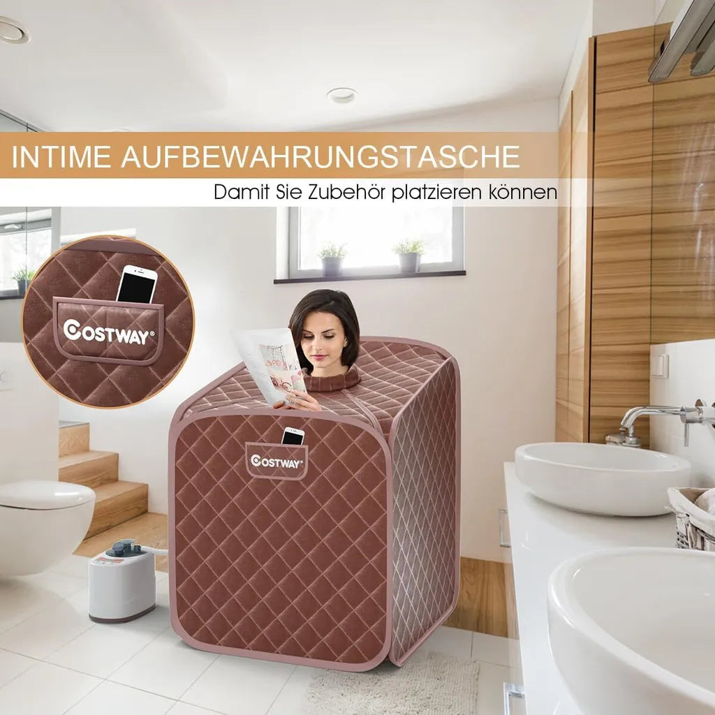 Coast Mini-Dampfsauna 2 Liter – Zusammenklappbare Heimsauna mit Fernbedienung, Timer, 9 Temperaturstufen und Sitz – Braun