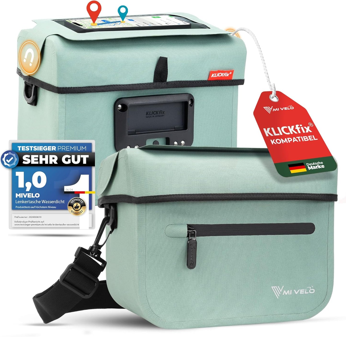 MIVELO Klickfix Lenkertasche – 100 % wasserdicht, 7 l, Handyfach