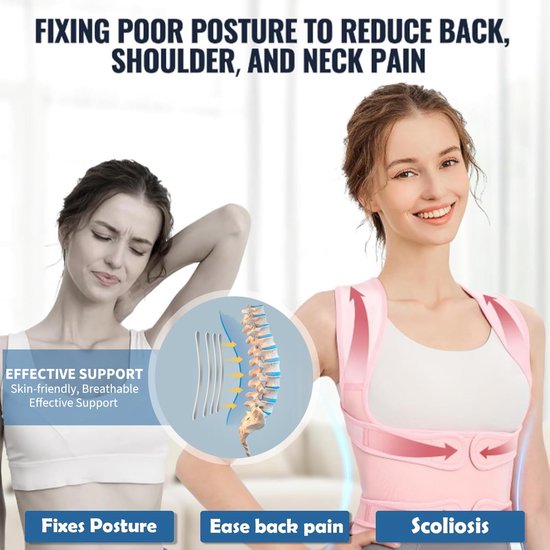 Verstellbarer Rückenbegradiger - Stützgürtel - Haltungskorrektur - Rückenschmerzlinderung für Frauen und Männer - (Pink, M)