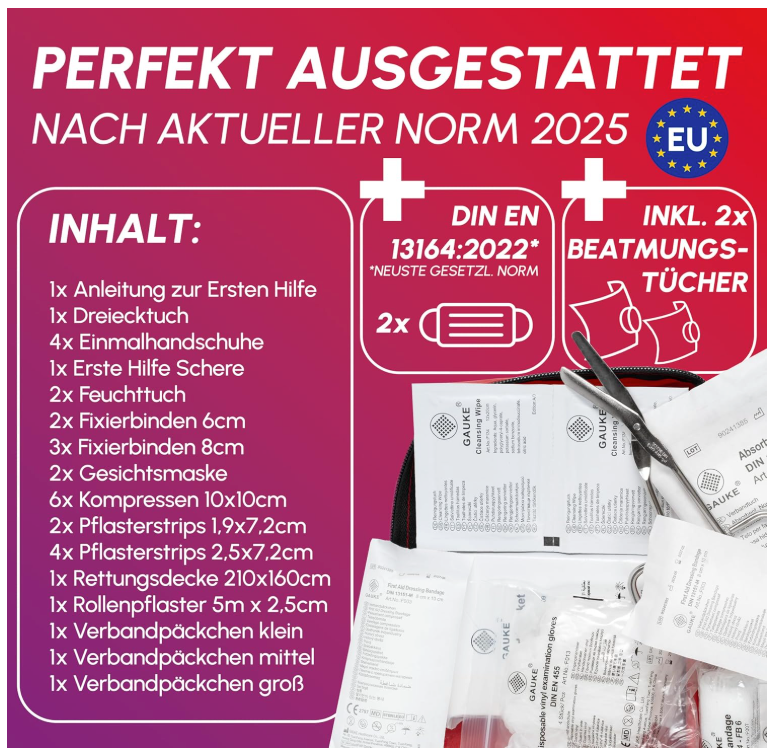 HELDENWERK - Erste-Hilfe-Kasten & Verbandskasten Auto - DIN 13164:2022 Standard - Rotes wasserabweisendes Nylon - Inklusive Atemtücher & Masken - Für Auto & Motorrad - Kompakt & Sicher