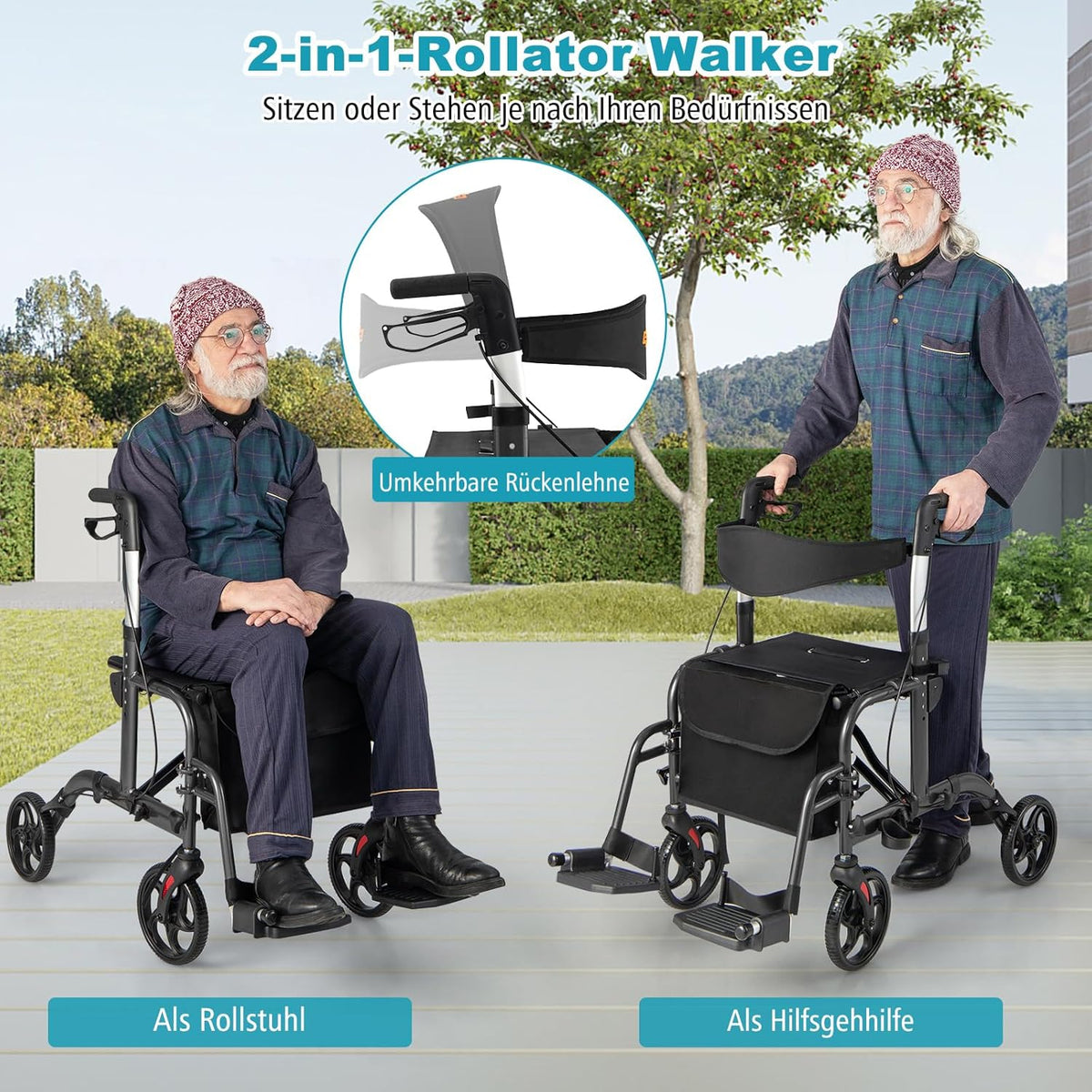 Coast Faltbarer Rollator - Multifunktional - Höhenverstellbar - Mit Tasche und Stockhalterung - Schwarz